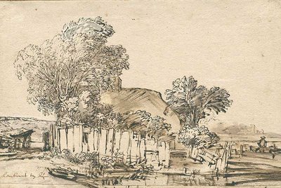 Cottage with Wooden Fence between Trees by Rembrandt van Rijn